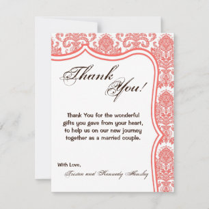 4x5 FLAT Thank You Card Coral White Damask Lace