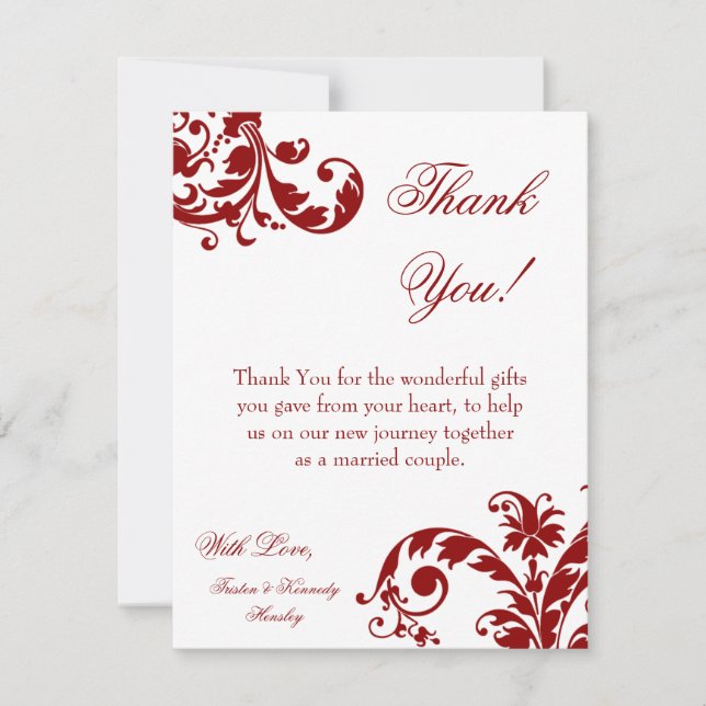4x5 FLAT Thank you Card Crimson Red Floral Filigre (Front)
