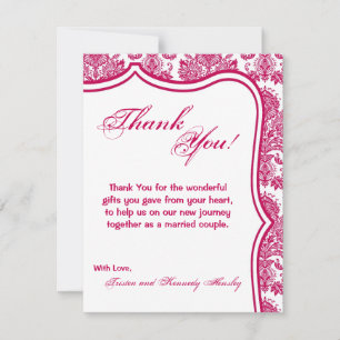 4x5 FLAT Thank You Card Fusia White Damask Lace Pr