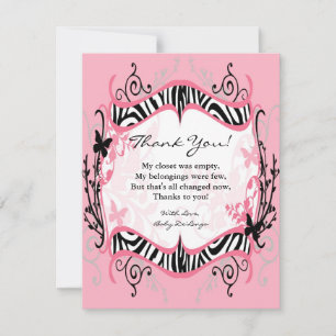 4x5 FLAT Thank you Card Girl Butterfly Zebra Print