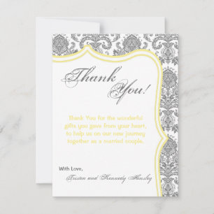 4x5 FLAT Thank You Card Grey Yellow Damask Lace