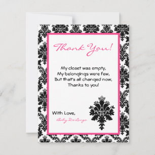 4x5 FLAT Thank you Card Hot Pink Black Damask