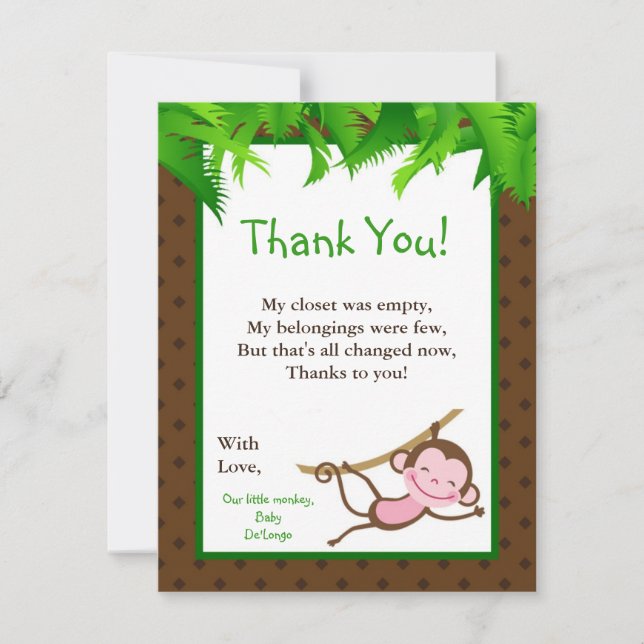 4x5 FLAT Thank you Card Monkey Swing Jungle Safari (Front)