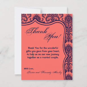 4x5 FLAT Thank You Card Navy Blue Cora Damask Lace