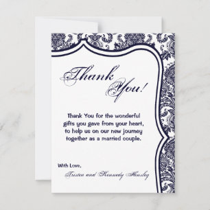 4x5 FLAT Thank You Card Navy Blue Damask Lace