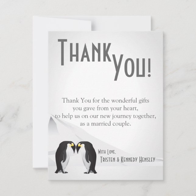4x5 FLAT Thank You Card Penguins Mate for Life Gra (Front)