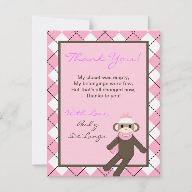 4x5 FLAT Thank you Card Pink Argyle Sock Monkey (Front)