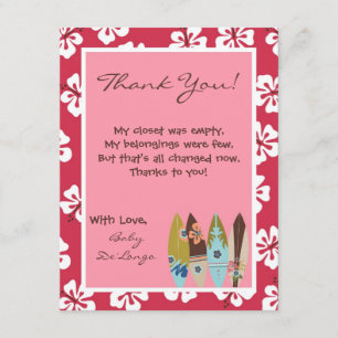 4x5 FLAT Thank you Card Pink Hawaiian Luau Tropica