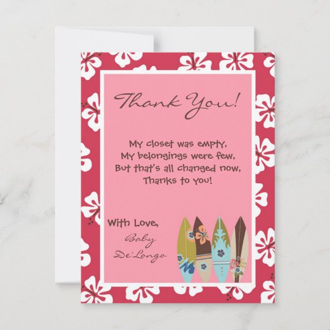 4x5 FLAT Thank you Card Pink Hawaiian Luau Tropica (Front)