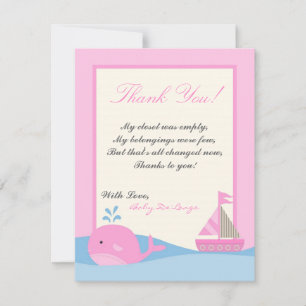 4x5 FLAT Thank you Card Pink Naut Sail Boat Whale