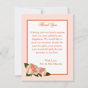 4x5 FLAT Thank You Card Pink/Peach Rose with Leave