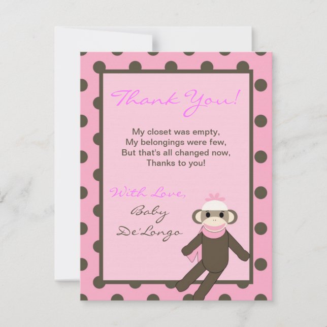 4x5 FLAT Thank you Card Pink Sock Monkey (Front)
