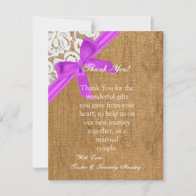 4x5 FLAT Thank You Card Purple Burlap Lace (Front)