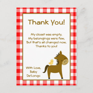 4x5 FLAT Thank You Card Red Barn Farm Animals