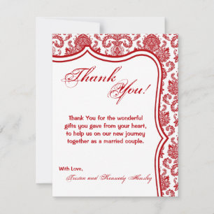 4x5 FLAT Thank You Card Red Crim White Damask Lace