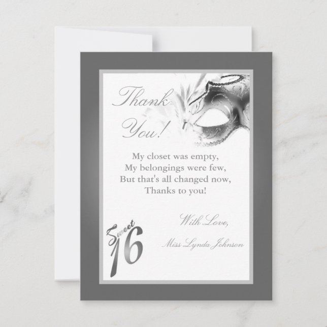 4x5 FLAT Thank you Card Sweet 16 Silver Party (Front)