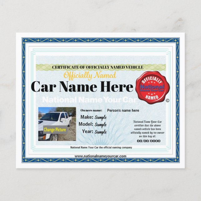 4x5 National Name Your Car official certificate (Front)