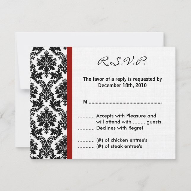 4x5 R.S.V.P. Reply Card - Black Damask Red Crimson (Front)