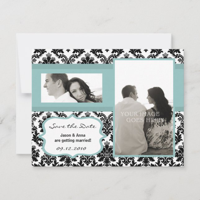 4x5 Save the Date Card Black Damask Blue (Front)