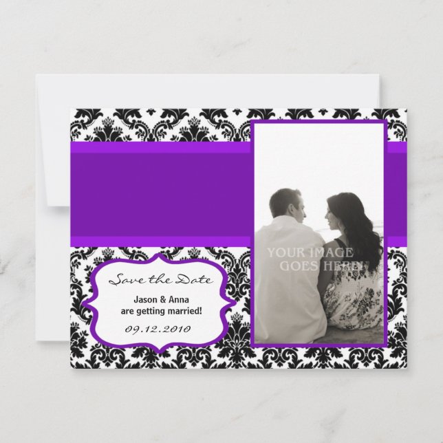 4x5 Save the Date Card - Black Damask & Purple (Front)