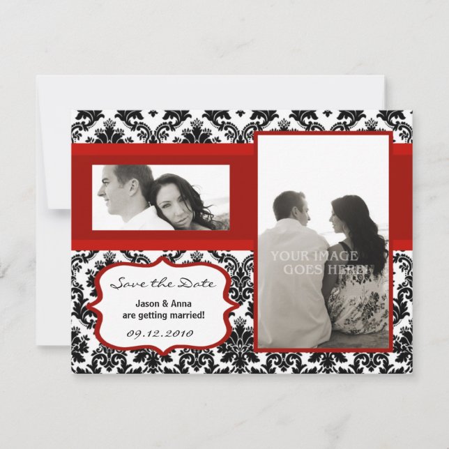 4x5 Save the Date Card - Black Damask & Red Crimso (Front)