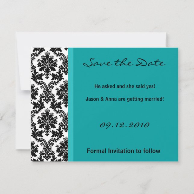 4x5 Save the Date Card - Black Damask & Teal Turqu (Front)
