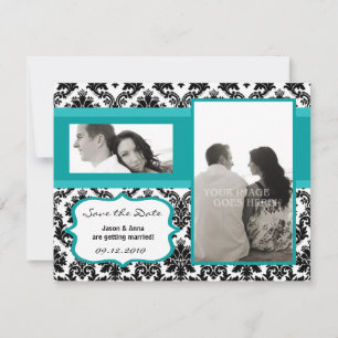 4x5 Save the Date Card - Black Damask & Teal Turqu