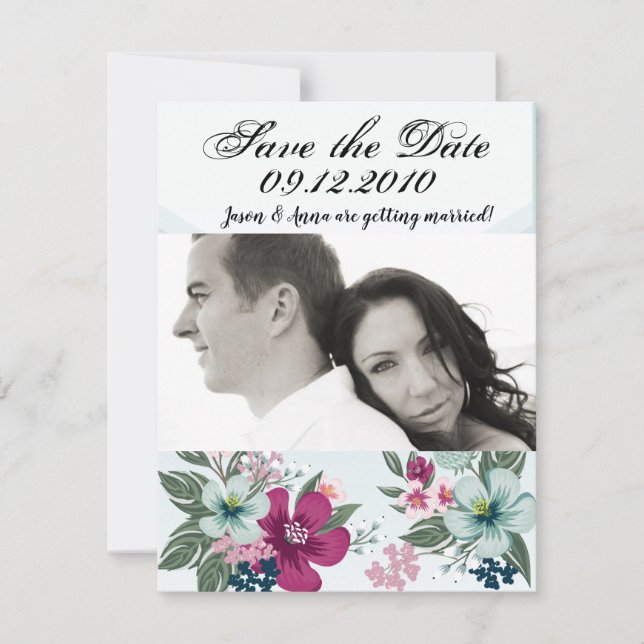 4x5 Save the Date Card Tropical Flower on Blue Omb (Front)