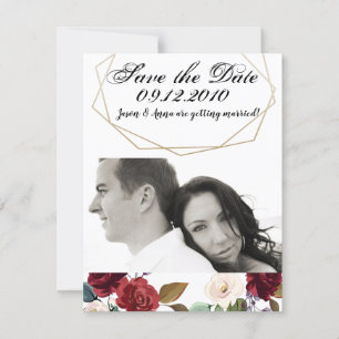 4x5 Save the Date Card White Roses Gold Geometric