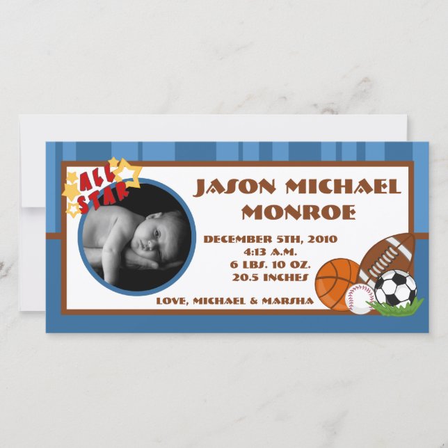 4x8 All Star Blue  Photo Birth Announcement (Front)
