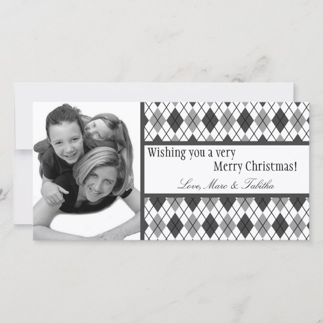 4x8 Black White Argyle Frame PHOTO Christmas Card (Front)