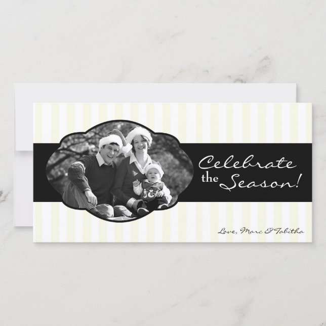 4x8 Black White Striped Frame PHOTO Christmas Card (Front)