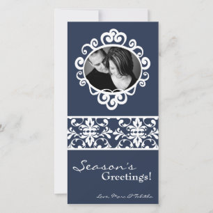 4x8 Blue White Damask Frame PHOTO Christmas Card