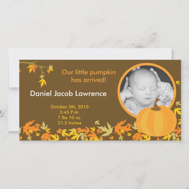 4x8 Fall Pumpkin Leaves PHOTO Birth Announcement (Front)
