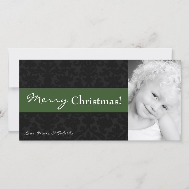 4x8 Green Black Damask Frame PHOTO Christmas Card (Front)