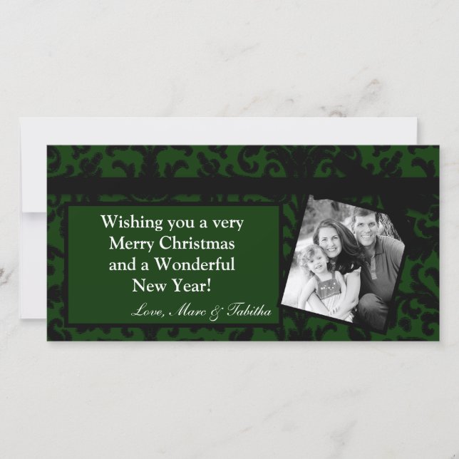 4x8 Green Damask Ribbon Frame PHOTO Christmas Card (Front)