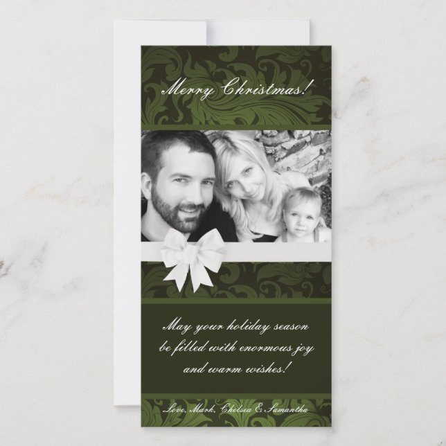 4x8 Green Floral Bow Ribbo PHOTO Christmas Card (Front)