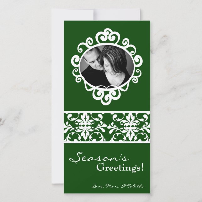 4x8 Green White Damask Frame PHOTO Christmas Card (Front)