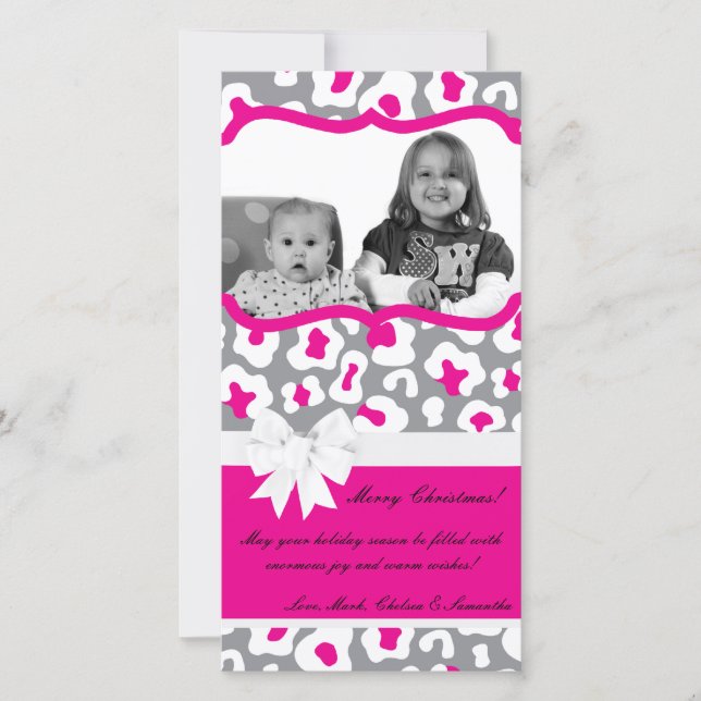 4x8 Grey Pink Cheetah PHOTO Christmas Card (Front)
