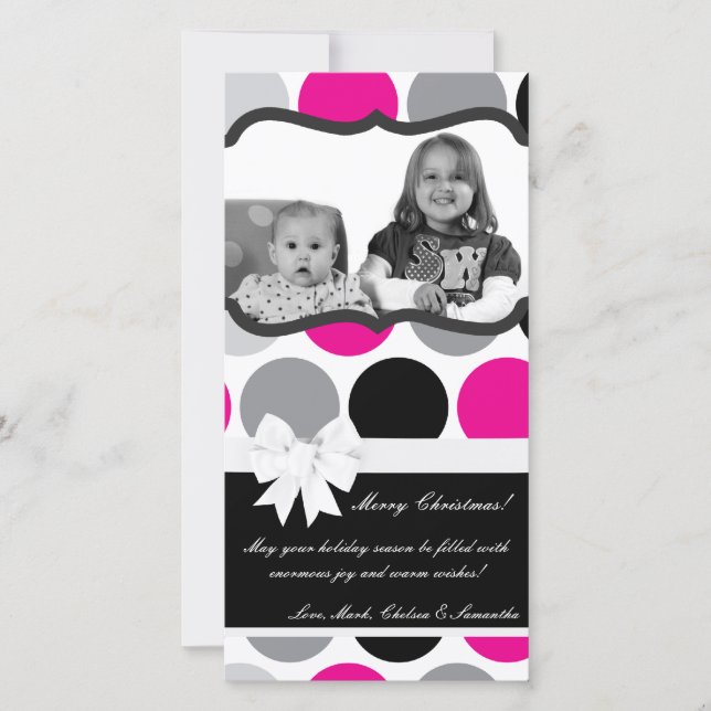 4x8 Hot Pink Black Palka Dot PHOTO Christmas Card (Front)