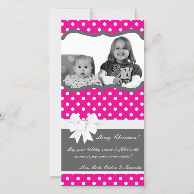 4x8 Hot Pink Black Polka Dot PHOTO Christmas Card (Front)