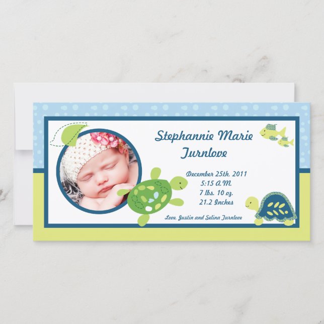 4x8 Photo Birth Announcement Turtle Reef Ocean Sea (Front)
