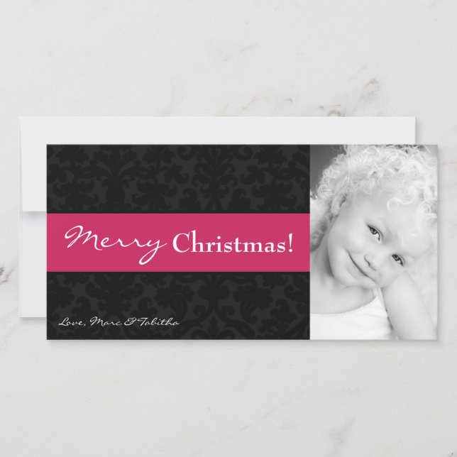 4x8 Pink Black Damask Frame PHOTO Christmas Card (Front)