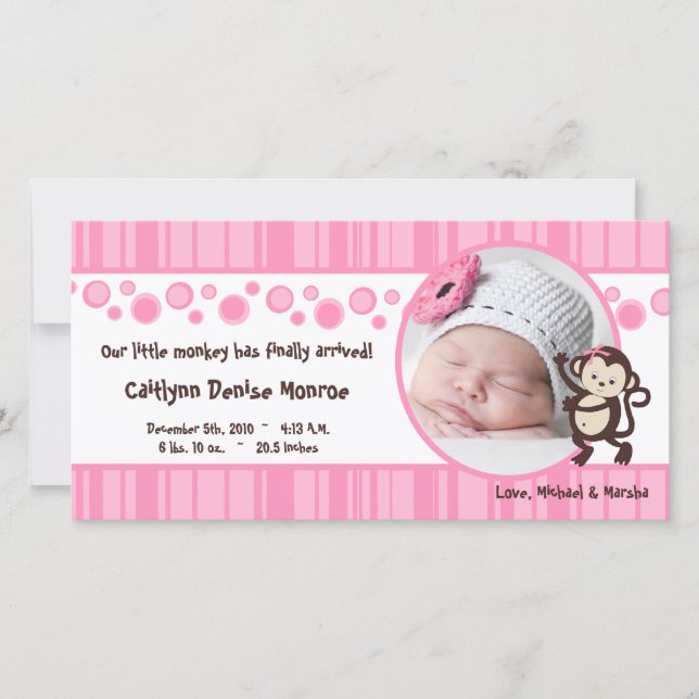 4x8 Pink Pop Monkey Girl Photo Birth Announcement (Front)