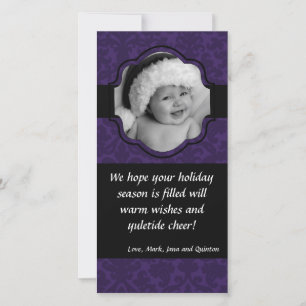 4x8 PurpleDamask Ribbon Frame PHOTO Christmas Card