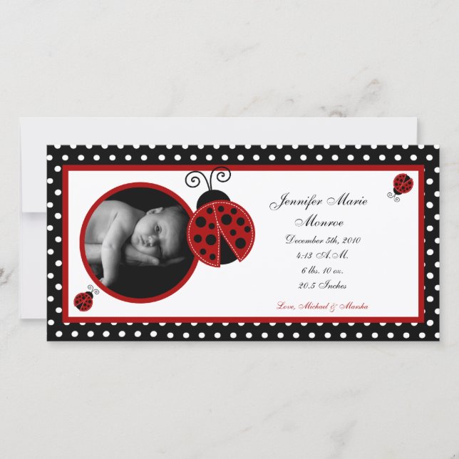 4x8 Red Ladybug Photo Birth Announcement (Front)