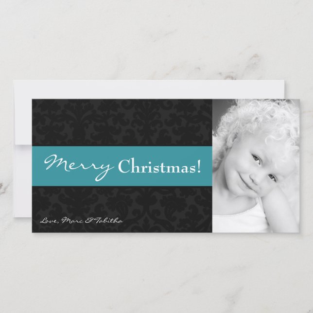 4x8 Teal Black Damask Frame PHOTO Christmas Card (Front)