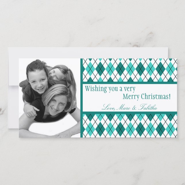 4x8 Teal White Argyle Frame PHOTO Christmas Card (Front)