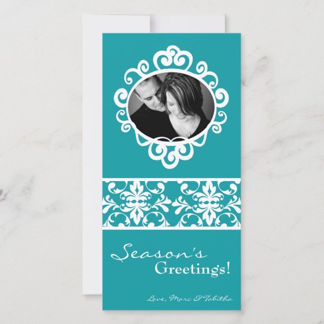 4x8 Teal White Damask Frame PHOTO Christmas Card (Front)