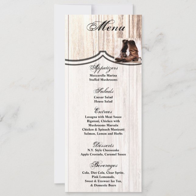 4x9.25 Menu Cards Boots Country Rustic Western Wea (Front)